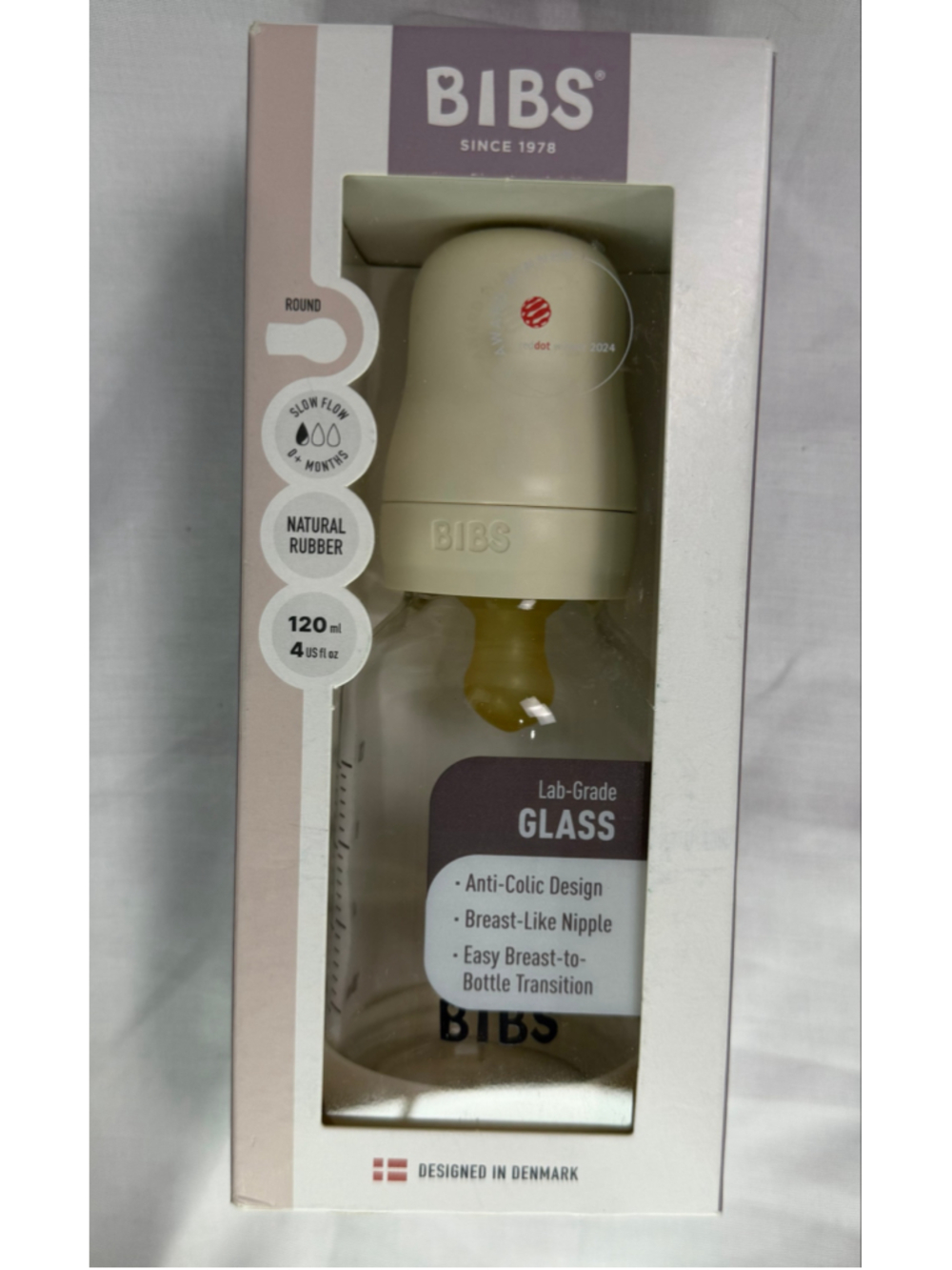 BIBS Glass Baby Bottle 120 ml 4 oz Ivory Natural Rubber Latex Slow Flow NIB